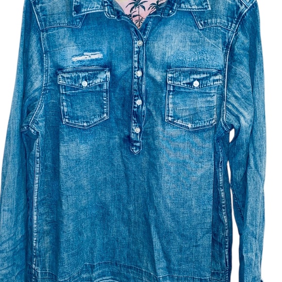 SCOTCH & SODA Ams Blauw Shirt distressed Cotton Denim Style Half-Button sz L - Picture 1 of 11
